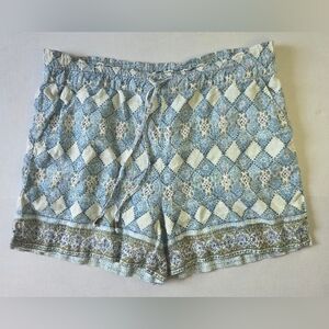 Anthropologie Women's 100% Linen Shorts Blue/White Geometric Design Size M